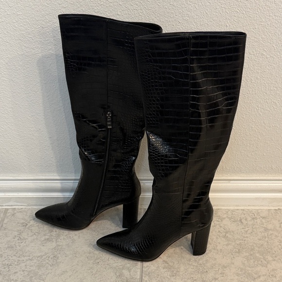 Shoes - Black Croc-Embossed Knee-High Boots